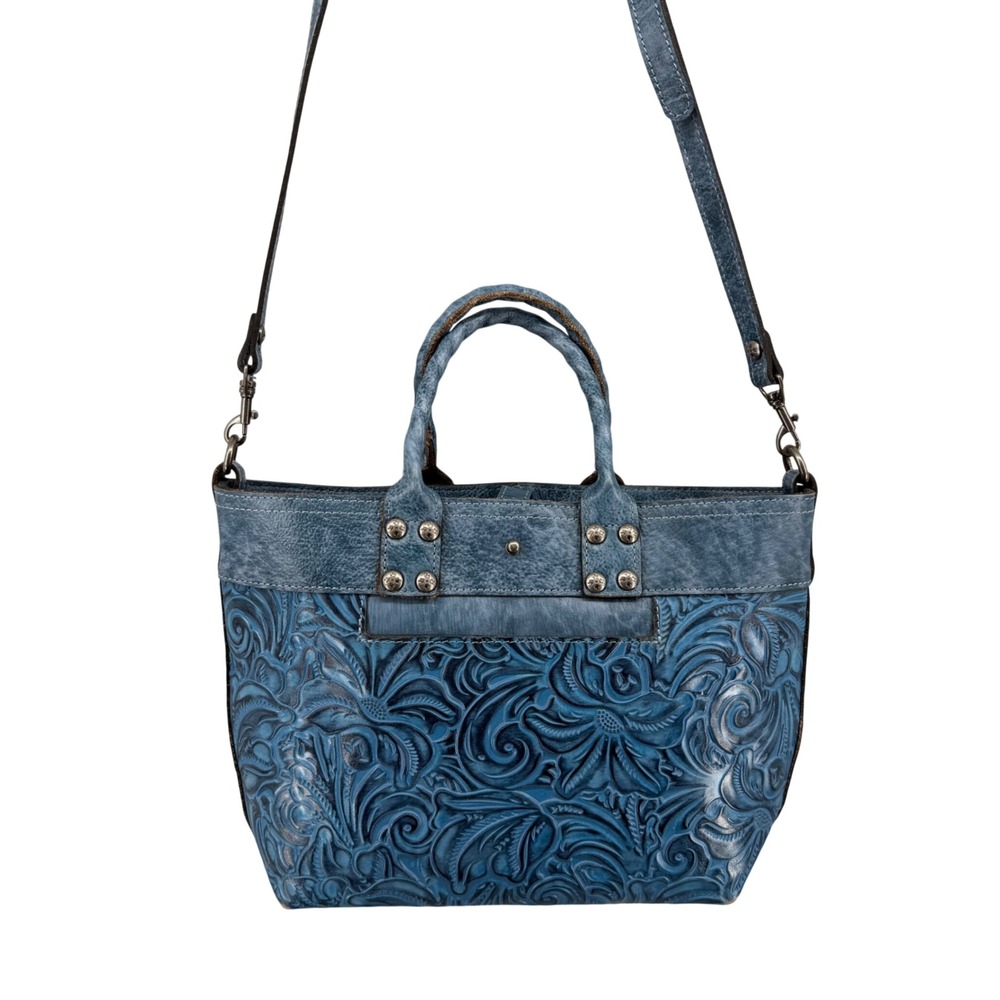 Patricia Nash Blue Tooling Leather Tote Crossbody Bag Floral Embossed Satchel - Picture 2 of 13